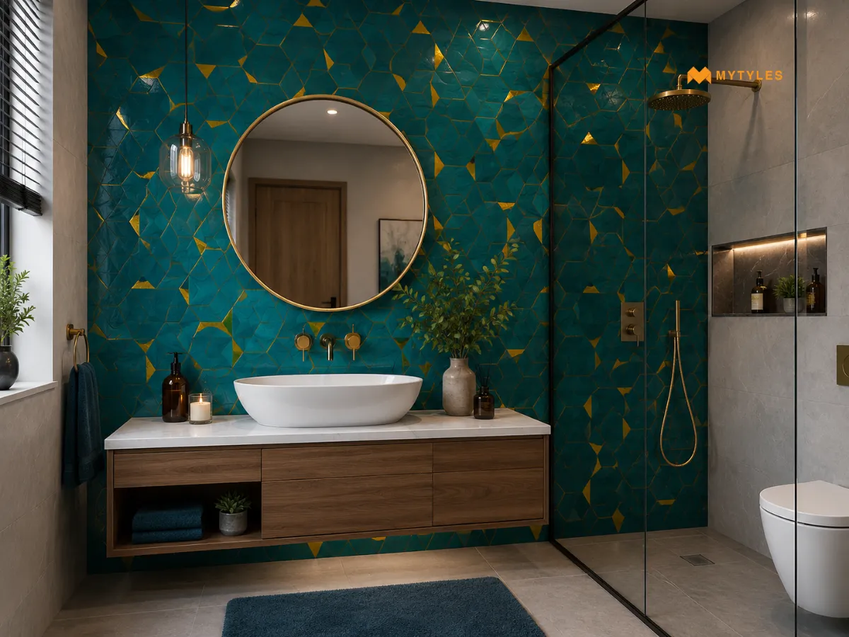 Blue Gold Tiles in Bathroom